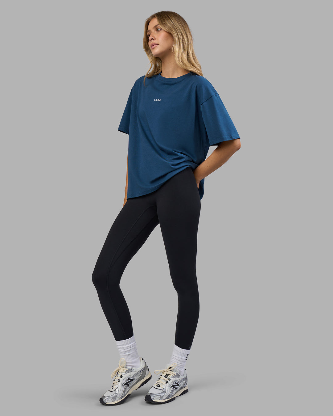 Woman wearing Go-To FLXCotton Oversized Tee - Indigo-White | Model:Leilani | Size:XS - view 2