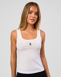Woman wearing Go-To FLXCotton Scoop Neck Tank in White-Black | Model:Issy | Size:XS | Thumbnail Index: 1