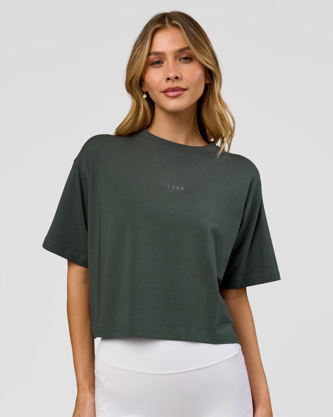 Woman wearing Go-To FLXCotton Skimmer Tee - Carbon Green-Carbon Green | Model:Leilani | Size:XS - view 1