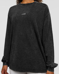 Woman wearing Go-To Long Sleeve FLXCotton Oversized Tee - Black Washed-White | Model:Jordan | SIze:XS | Thumbnail Index: 3
