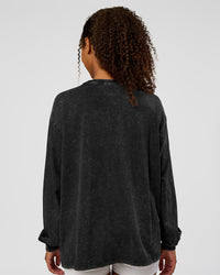 Woman wearing Go-To Long Sleeve FLXCotton Oversized Tee - Black Washed-White | Model:Jordan | SIze:XS | Thumbnail Index: 1