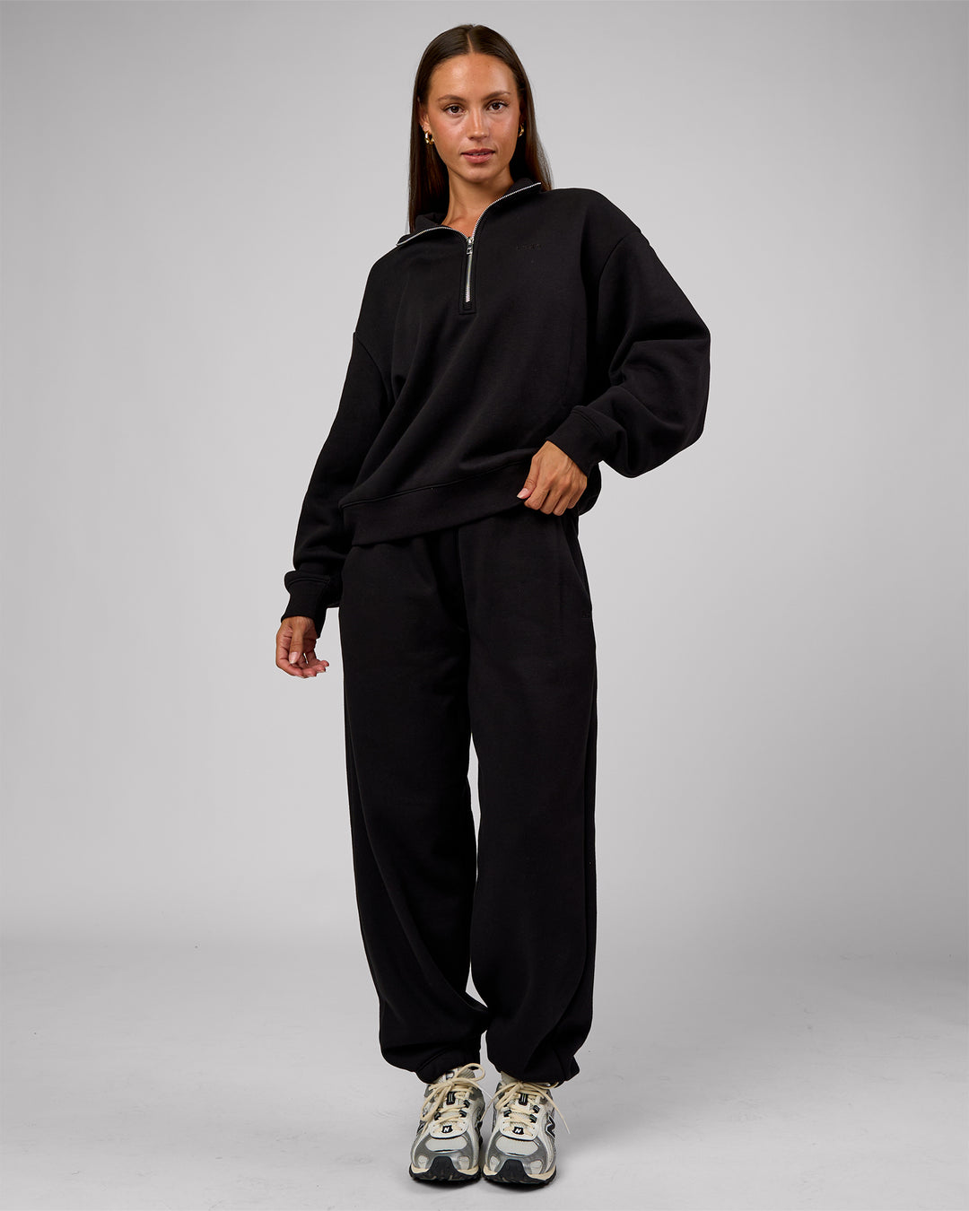 Woman wearing Go-To Oversized Quarter Zip Sweater - Black | Model:Brylee | Size:XS - view 7