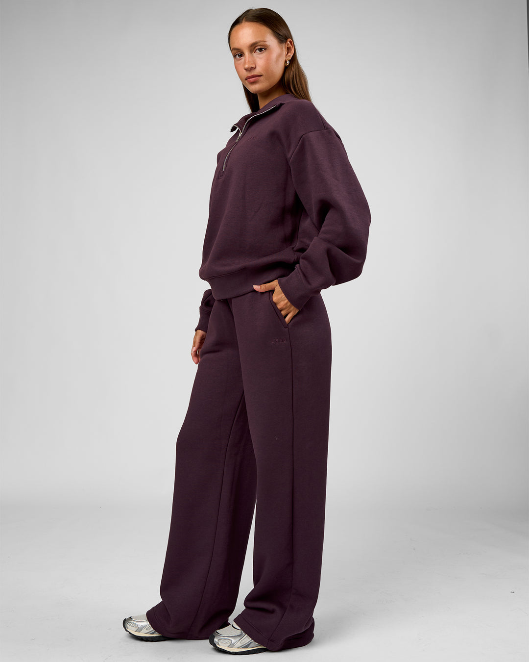 Woman wearing Go-To Oversized Quarter Zip Sweater - Midnight Plum | Model:Brylee | Size:XS - view 7