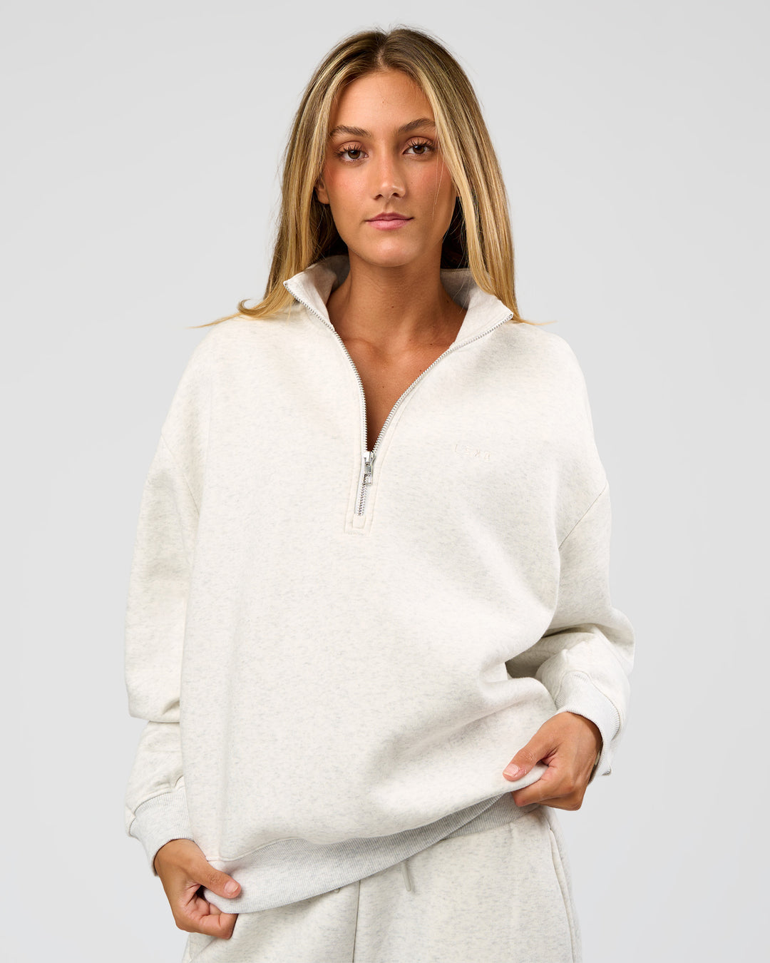 Woman wearing Go-To Oversized Quarter Zip Sweater - Silver Marl | Model:Georgia | Size:XS - view 7