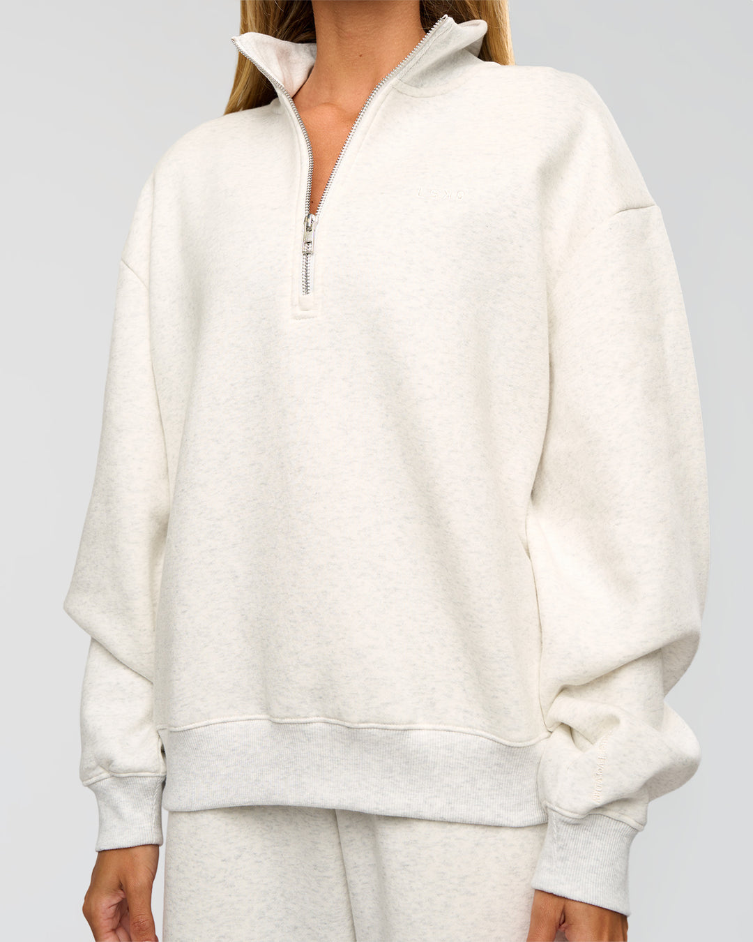 Woman wearing Go-To Oversized Quarter Zip Sweater - Silver Marl | Model:Georgia | Size:XS - view 8