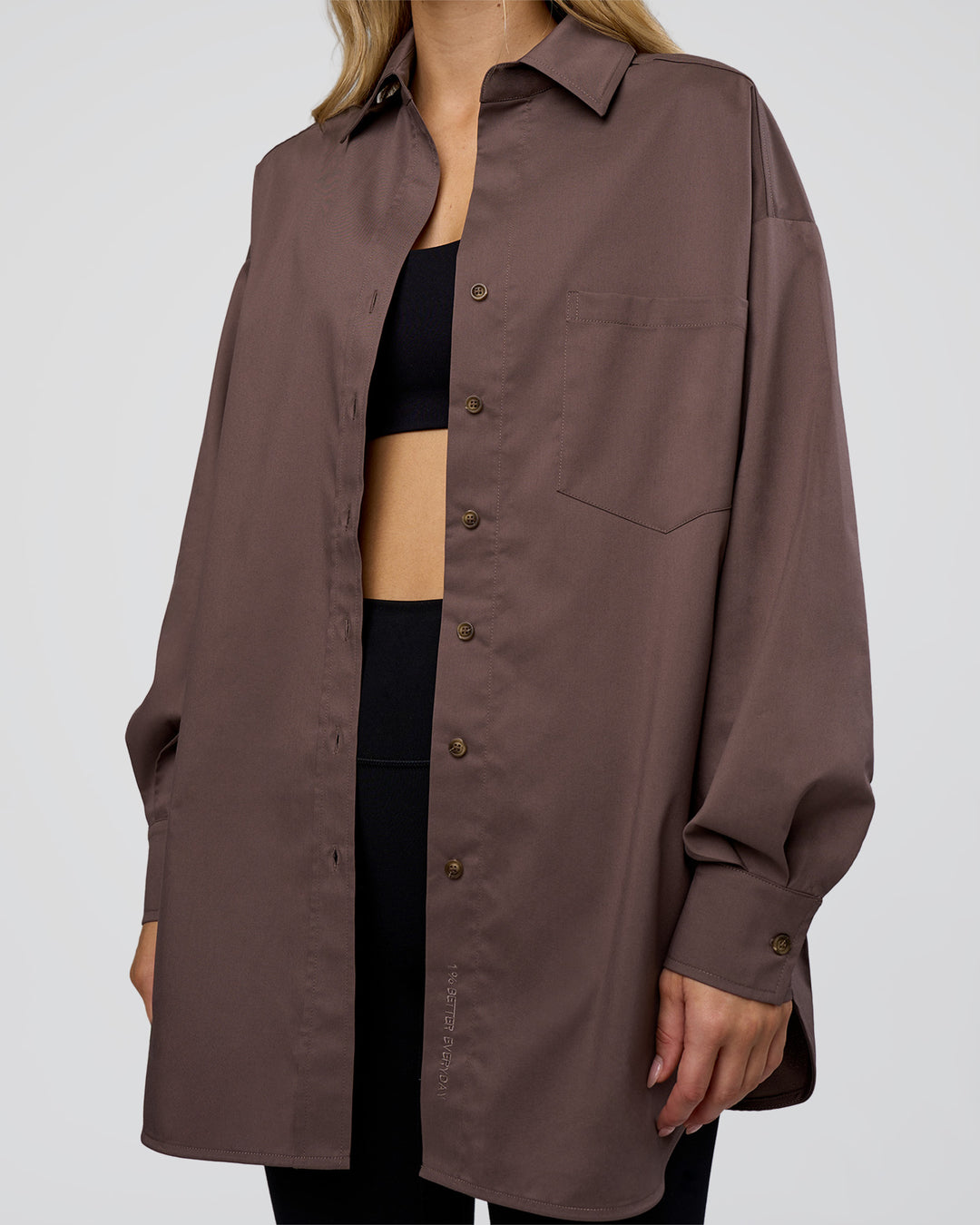 Woman wearing Go-To Oversized Shirt - Cocoa | Model:Leilani | Size:XS - view 9