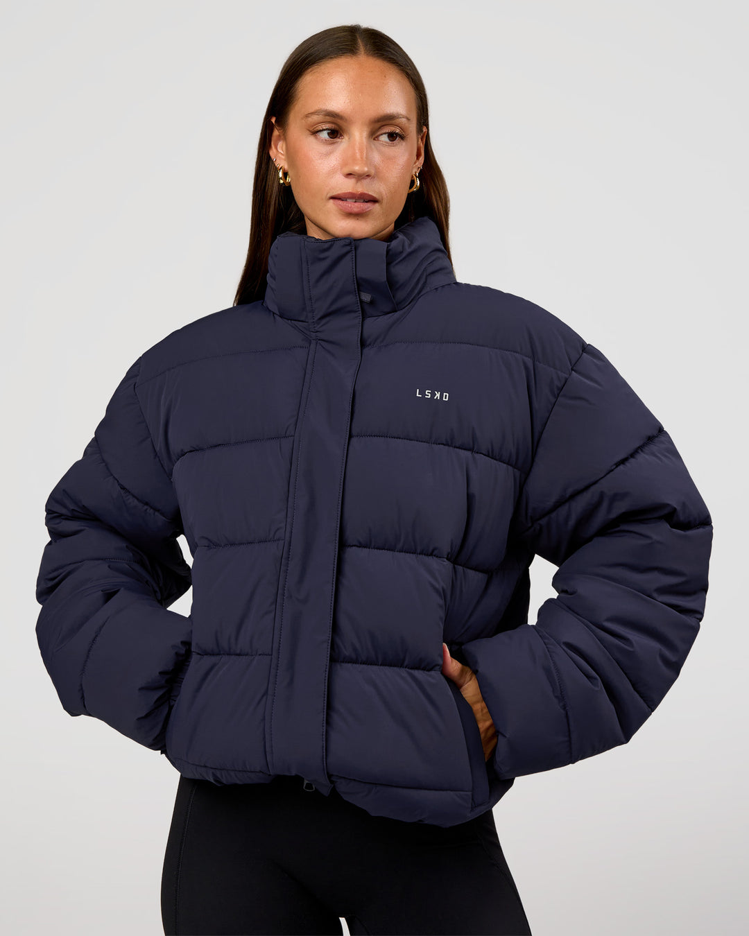 Woman wearing Go-To Puffer Jacket - Future Navy | Model:Brylee | Size:XS - view 10