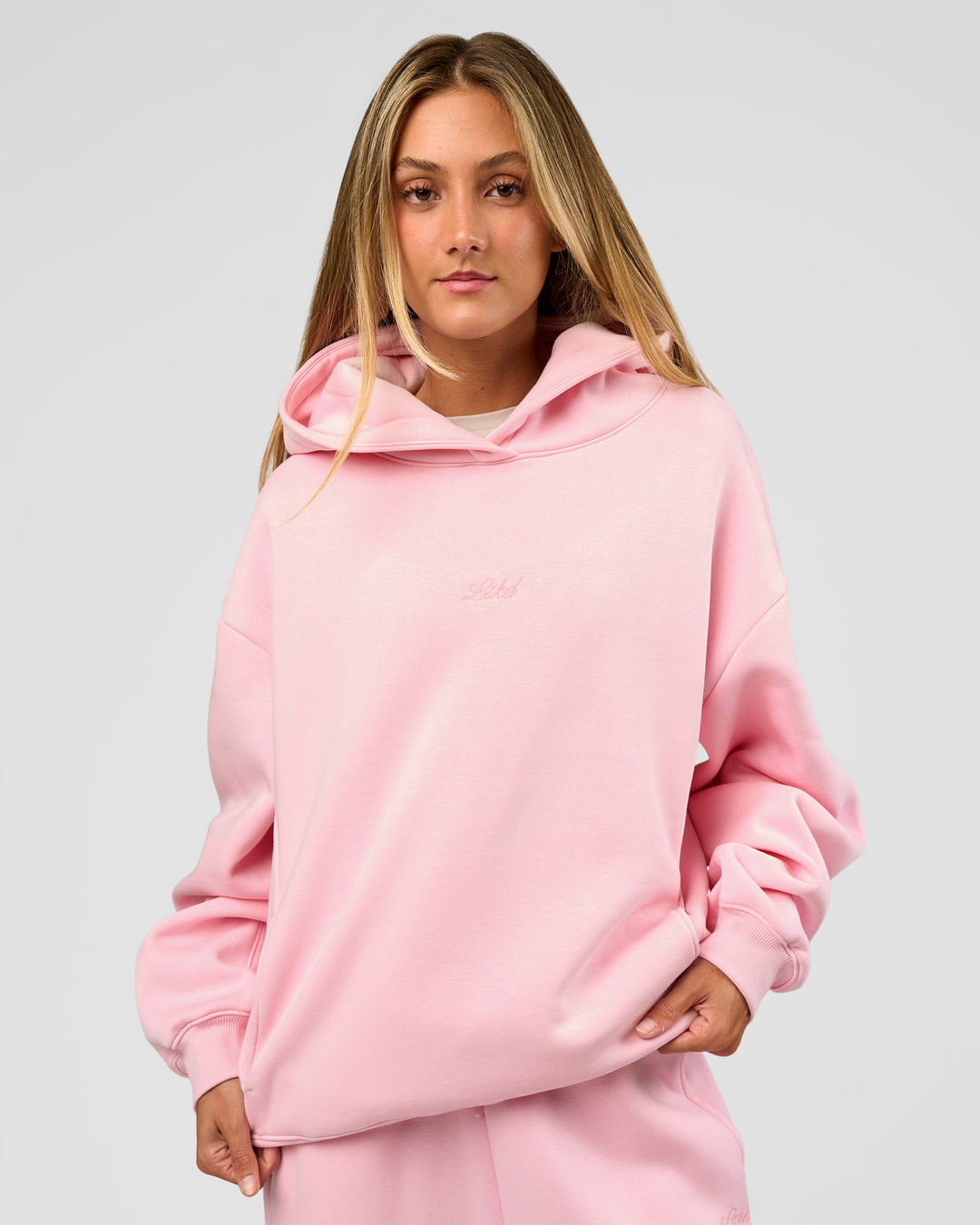 Woman wearing Go-To Script Oversized Hoodie - Marshmallow | Model:Georgia | Size:XS - view 7