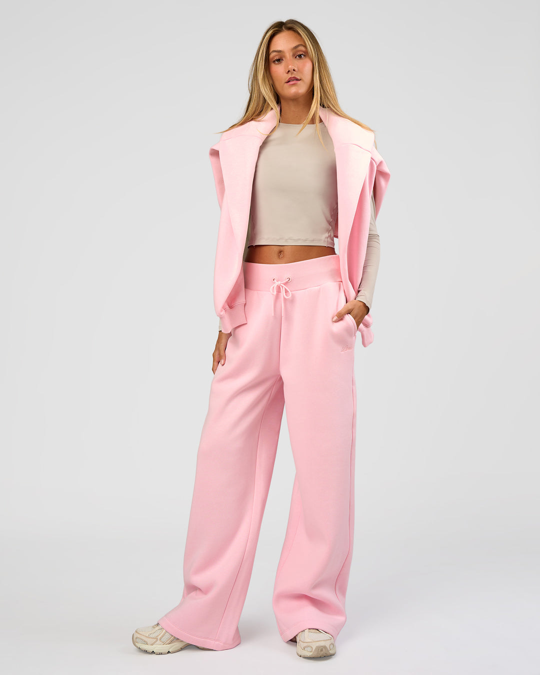Woman wearing Go-To Script Wide Leg Track Pant - Marshmallow | Model:Georgia | Size:XS - view 9