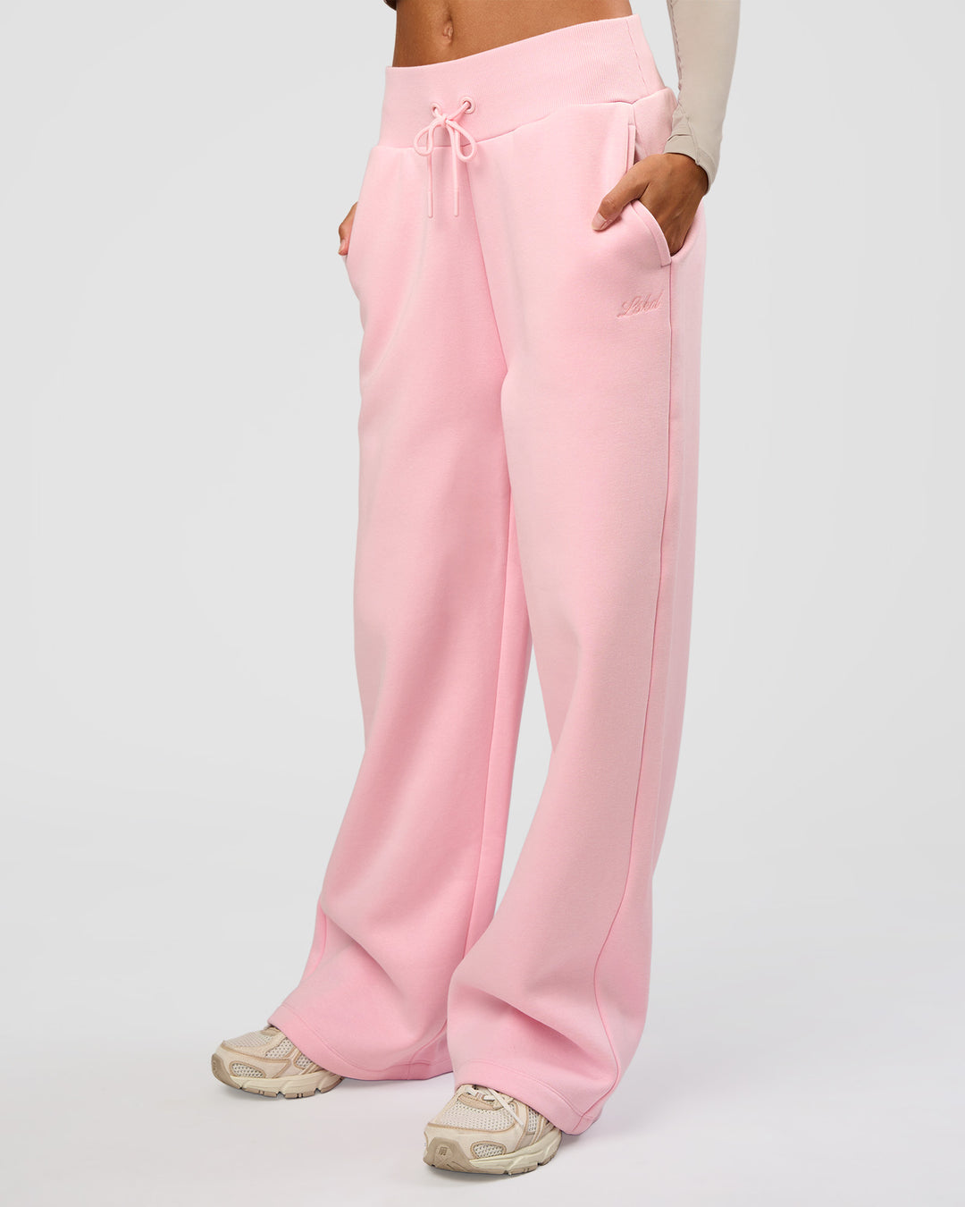 Woman wearing Go-To Script Wide Leg Track Pant - Marshmallow | Model:Georgia | Size:XS - view 8