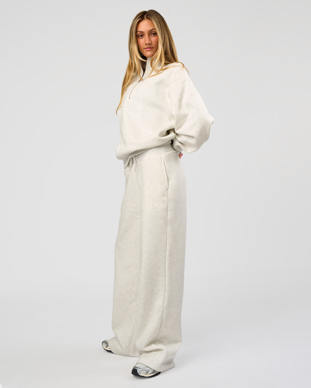 Woman wearing Go-To Wide Leg Track Pant Tall - Silver Marl | Model:Georgia | Size:XS - view 9