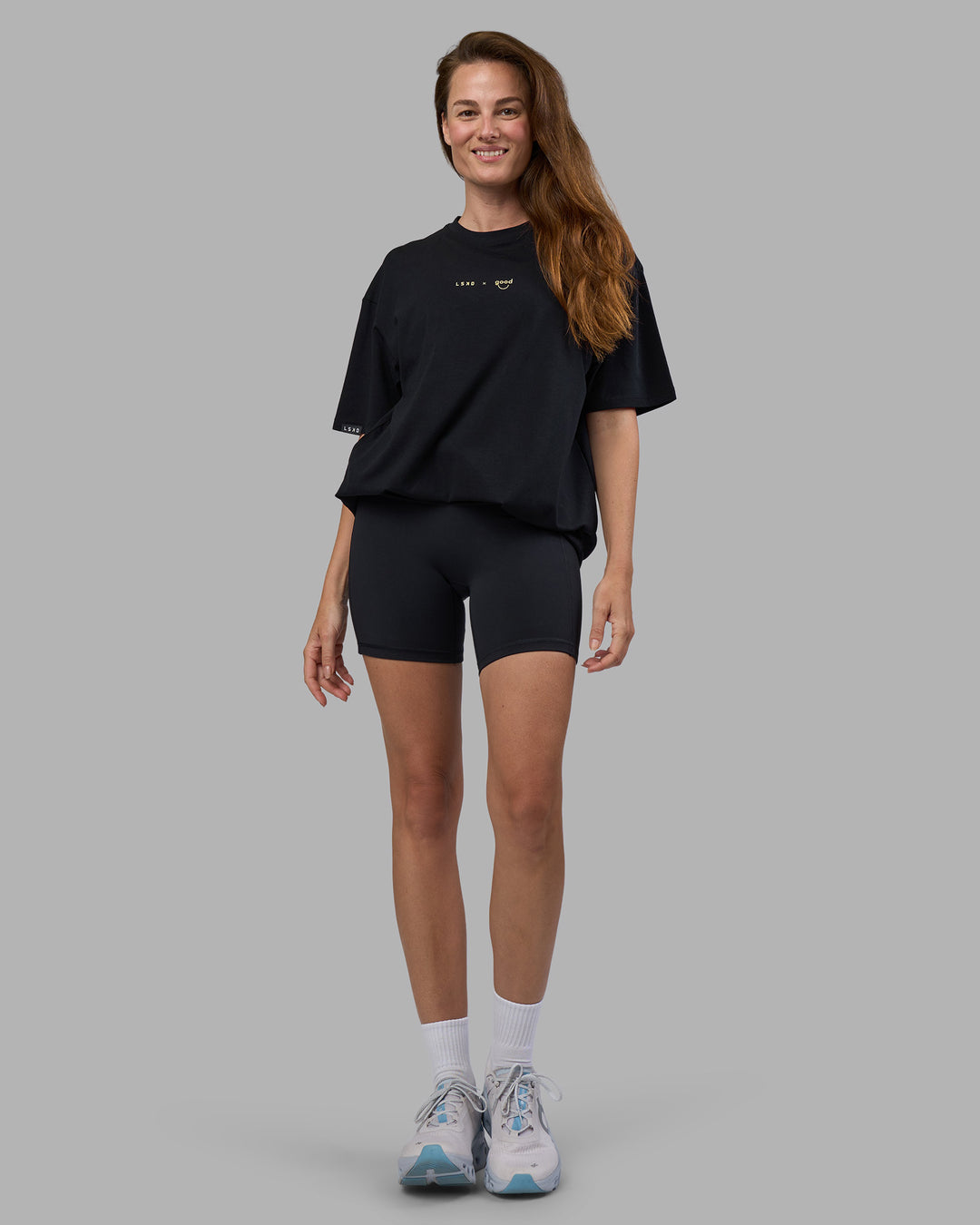 Woman wearing Good Human Factory Vol 2 FLXCotton Oversize Tee - Black | Size:XS - view 8