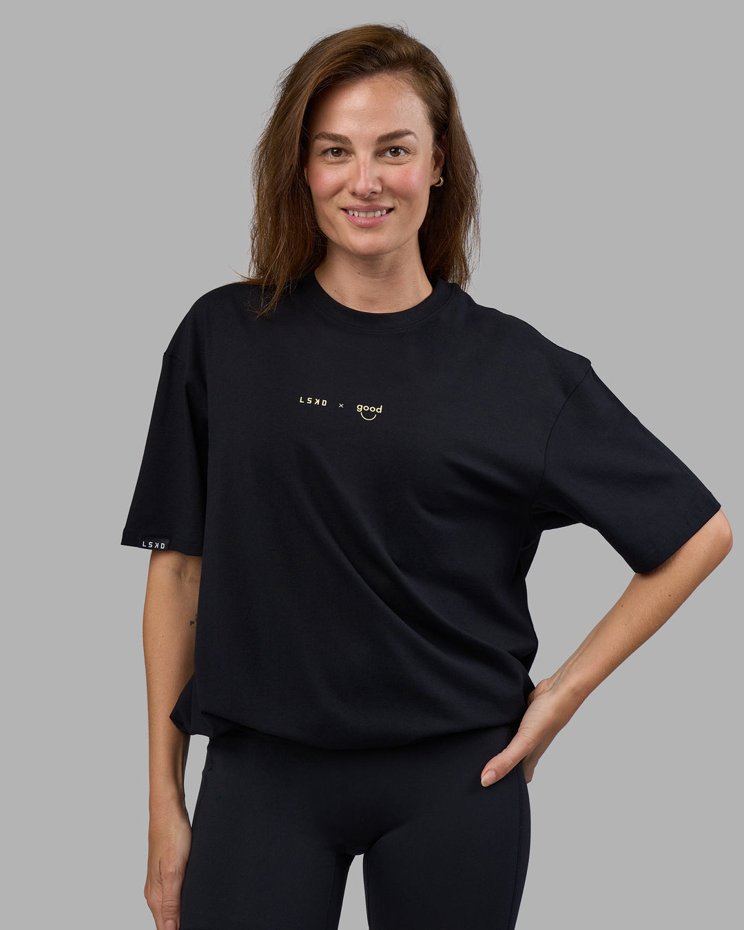 Woman wearing Good Human Factory Vol 2 FLXCotton Oversize Tee - Black | Size:XS - view 5
