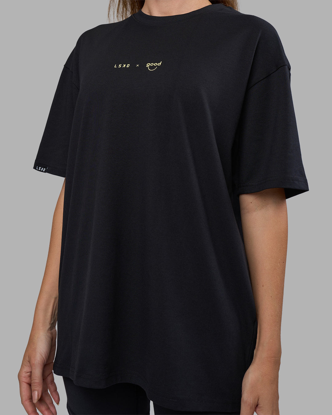Woman wearing Good Human Factory Vol 2 FLXCotton Oversize Tee - Black | Size:XS - view 9