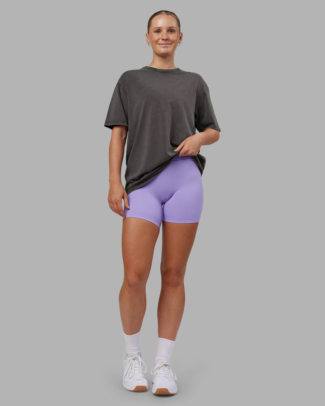 Woman wearing Heart FLXCotton Oversized Tee - Washed Dark Storm-Violet Ray | Model:Neve | Size:XS - view 5