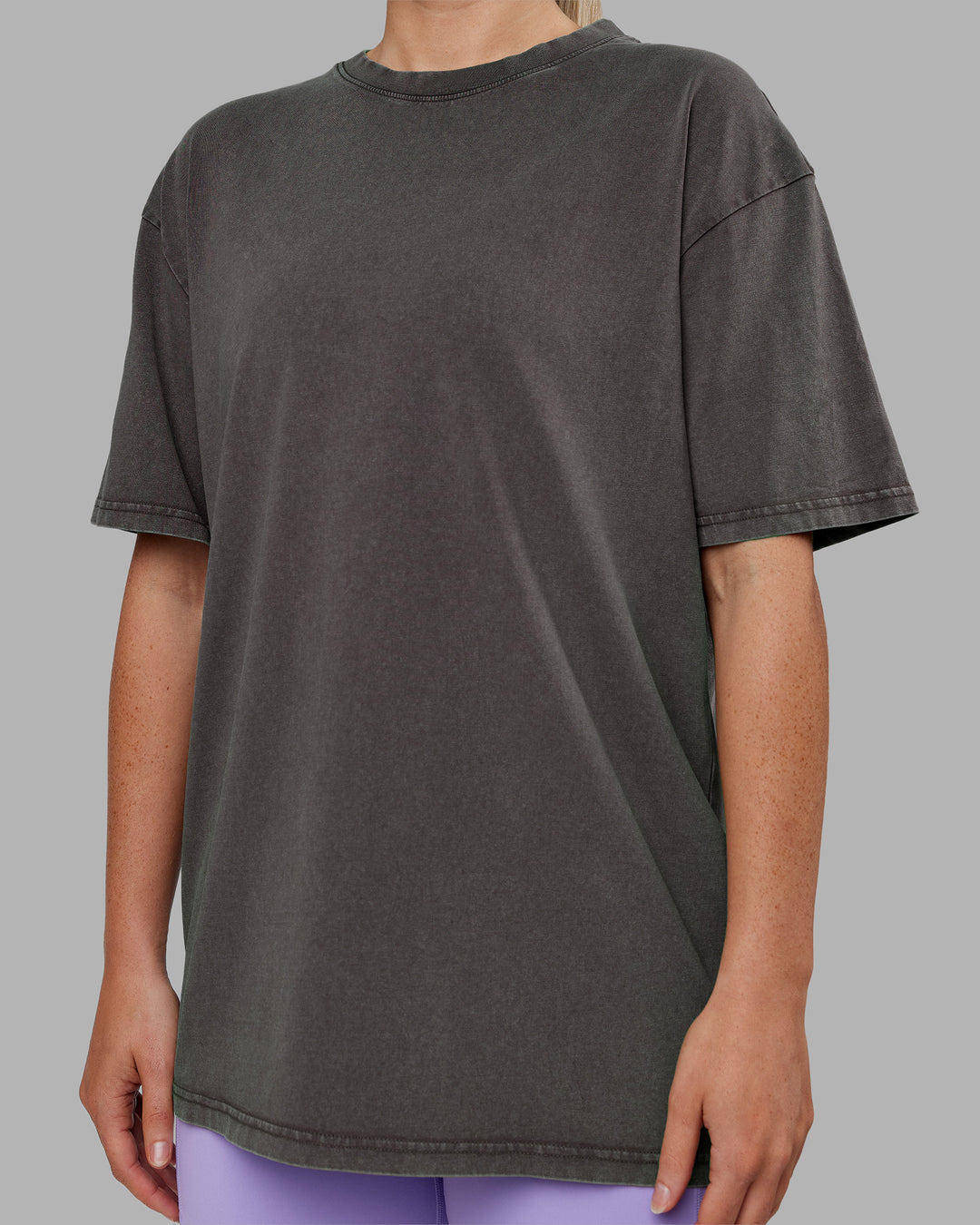 Woman wearing Heart FLXCotton Oversized Tee - Washed Dark Storm-Violet Ray | Model:Neve | Size:XS - view 8