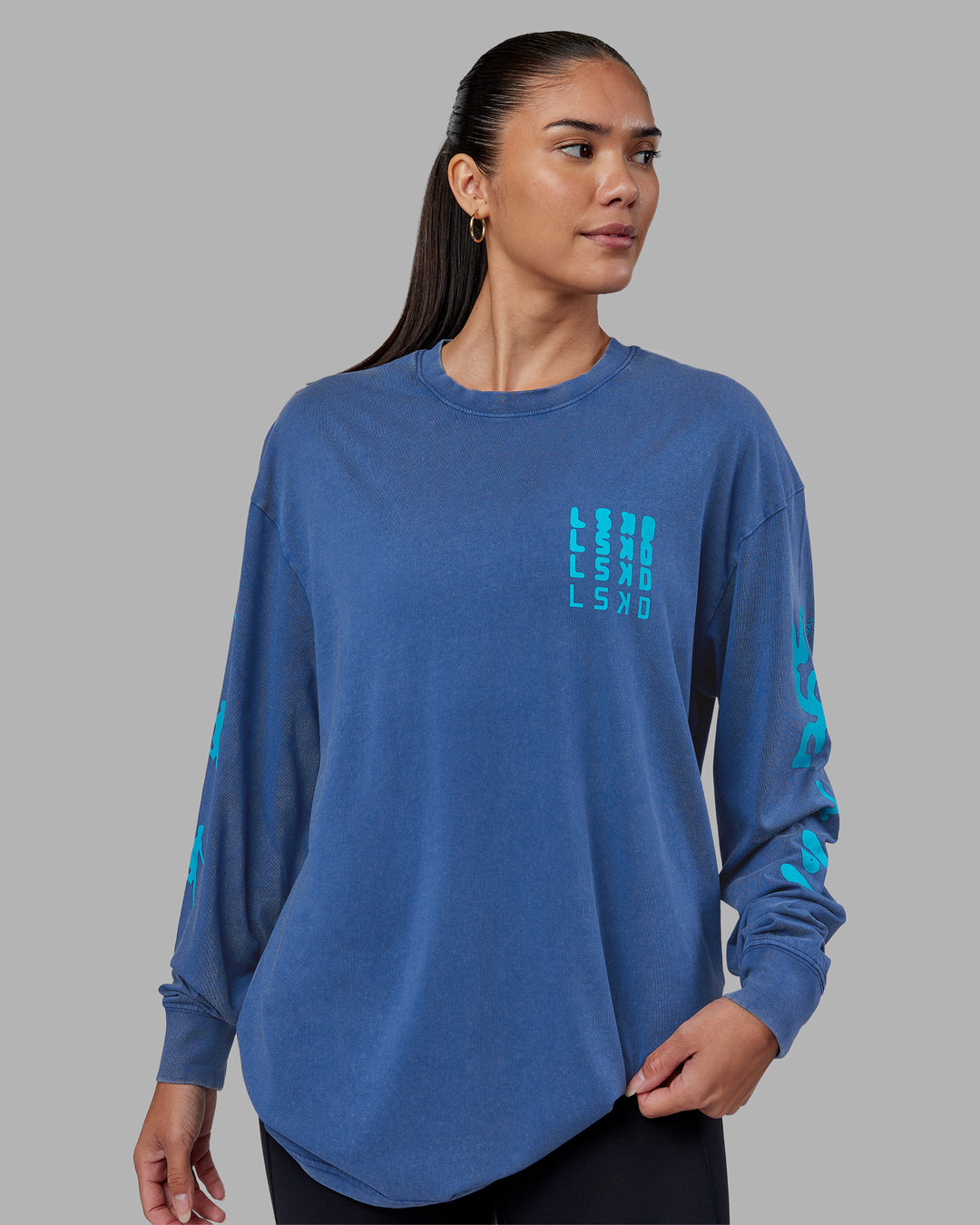 Woman wearing Inferno Journey FLXCotton Oversized Long Sleeve Tee - Midnight Blue-Blue Bird | Model:Rhiley | Size:XS - view 2