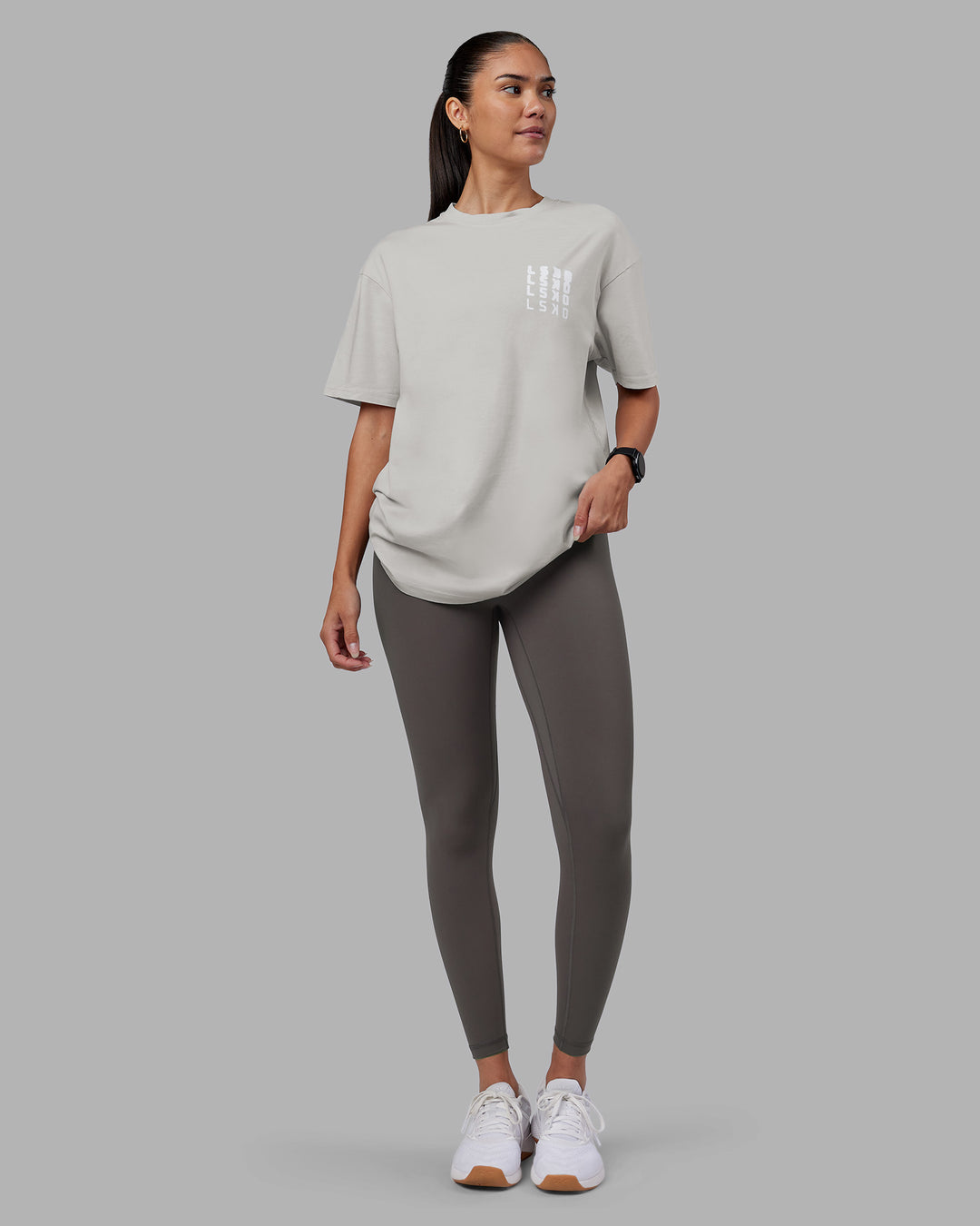Woman wearing Inferno Journey FLXCotton Oversized Tee - Digital Mist Washed-White | Model:Rhiley | Size:XS - view 5