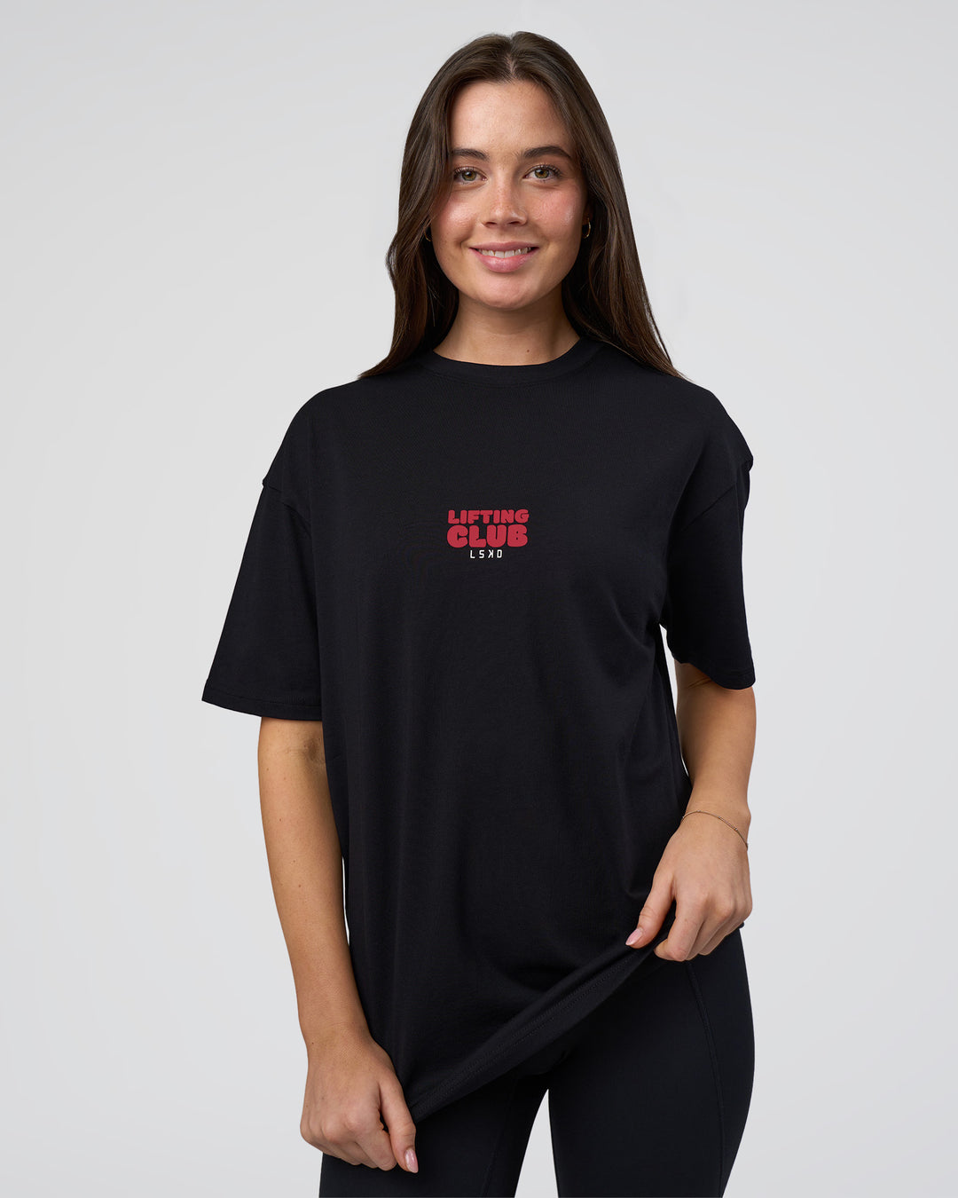 Woman wearing Kettle B FLXCotton Oversized Tee - Black-White | Model:Estella | Size:XS - view 5