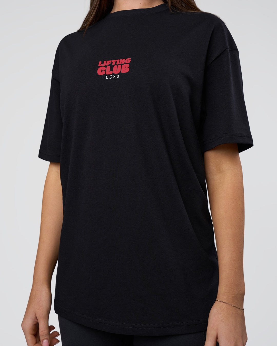 Woman wearing Kettle B FLXCotton Oversized Tee - Black-White | Model:Estella | Size:XS - view 9