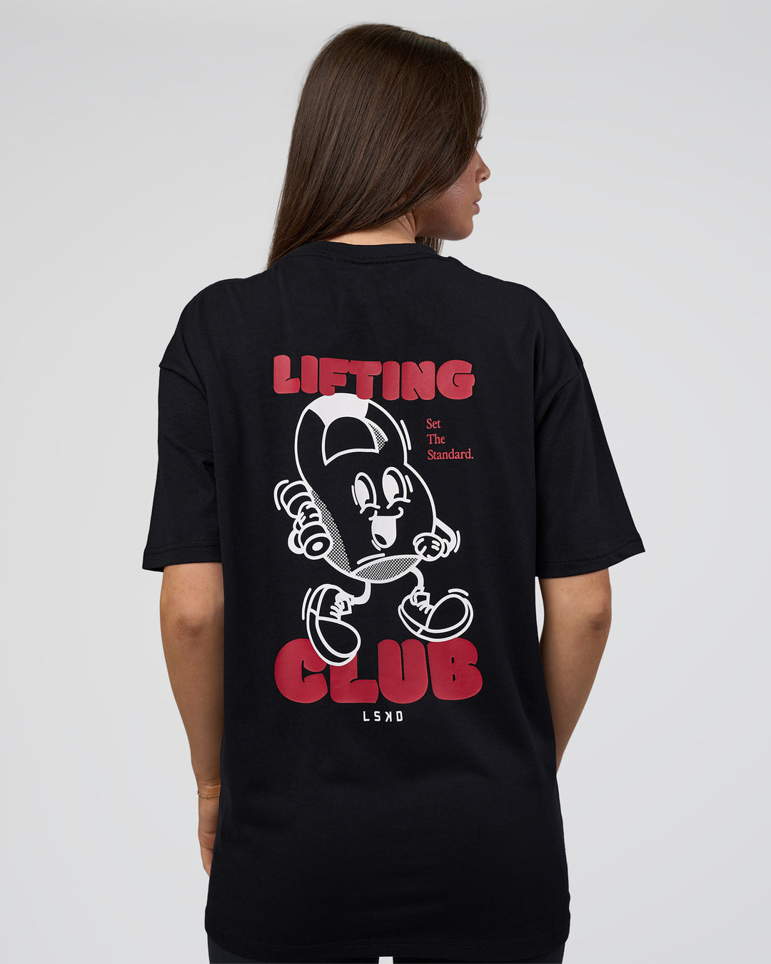 Woman wearing Kettle B FLXCotton Oversized Tee - Black-White | Model:Estella | Size:XS - view 4