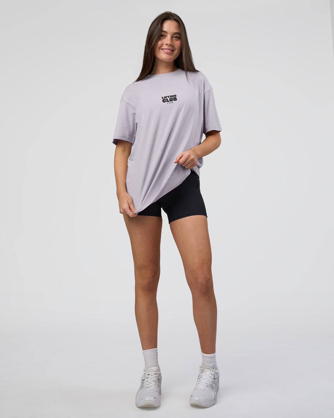 Woman wearing Kettle B FLXCotton Oversized Tee - Galactic Lilac-Black | Model:Estella | Size:XS - view 7