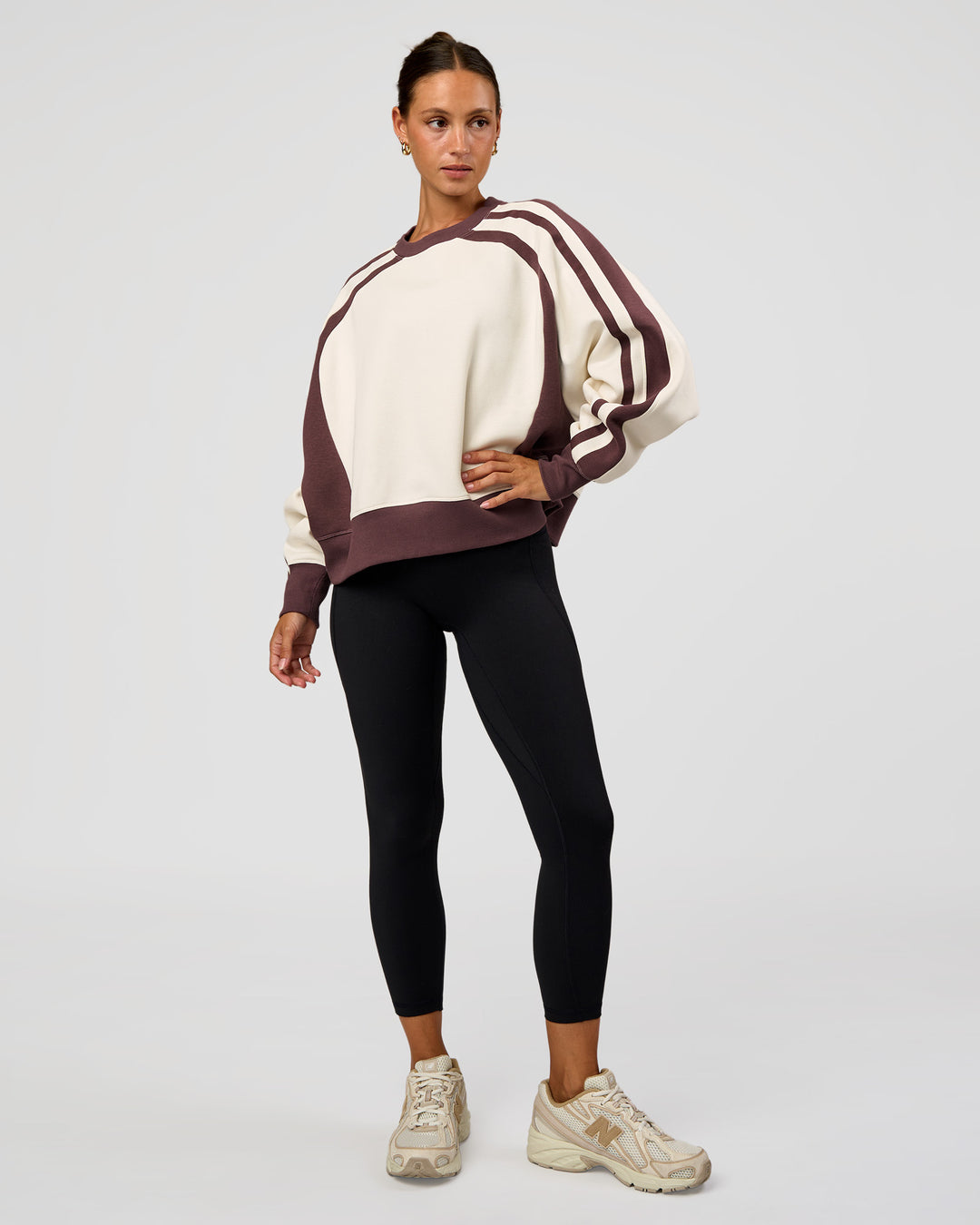 Woman wearing LSKD Fitness Club Oversized Sweater - Off White-Cocoa Powder | Model:Brylee | Size:XS - view 3