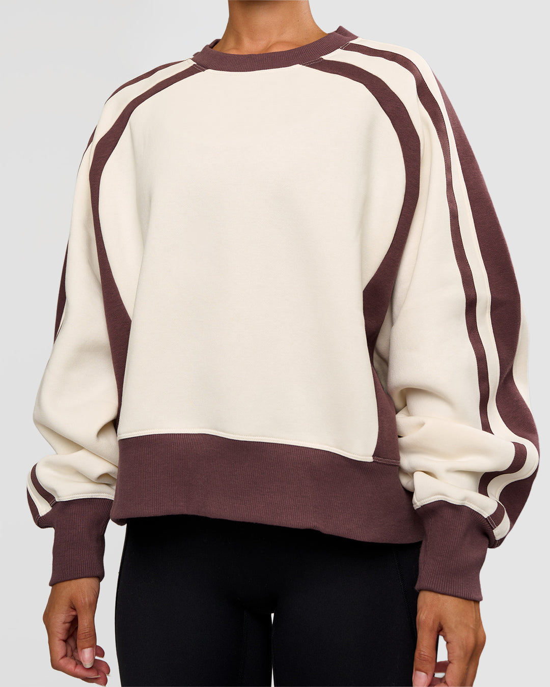 Woman wearing LSKD Fitness Club Oversized Sweater - Off White-Cocoa Powder | Model:Brylee | Size:XS - view 8