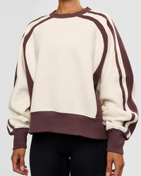 Woman wearing LSKD Fitness Club Oversized Sweater - Off White-Cocoa Powder | Model:Brylee | Size:XS | Thumbnail Index: 7