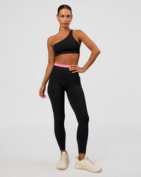 Woman wearing Liberate High-Rise Full Length Legging Pockets - Black-Candy Pink | Model:Brylee | Size:XS | Thumbnail Index: 4