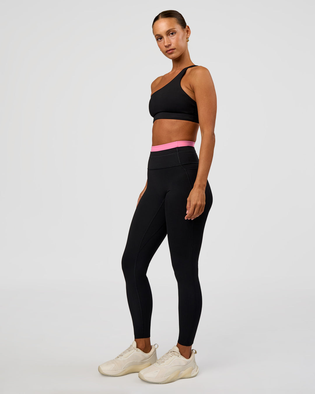 Woman wearing Liberate High-Rise Full Length Legging Pockets - Black-Candy Pink | Model:Brylee | Size:XS - view 6