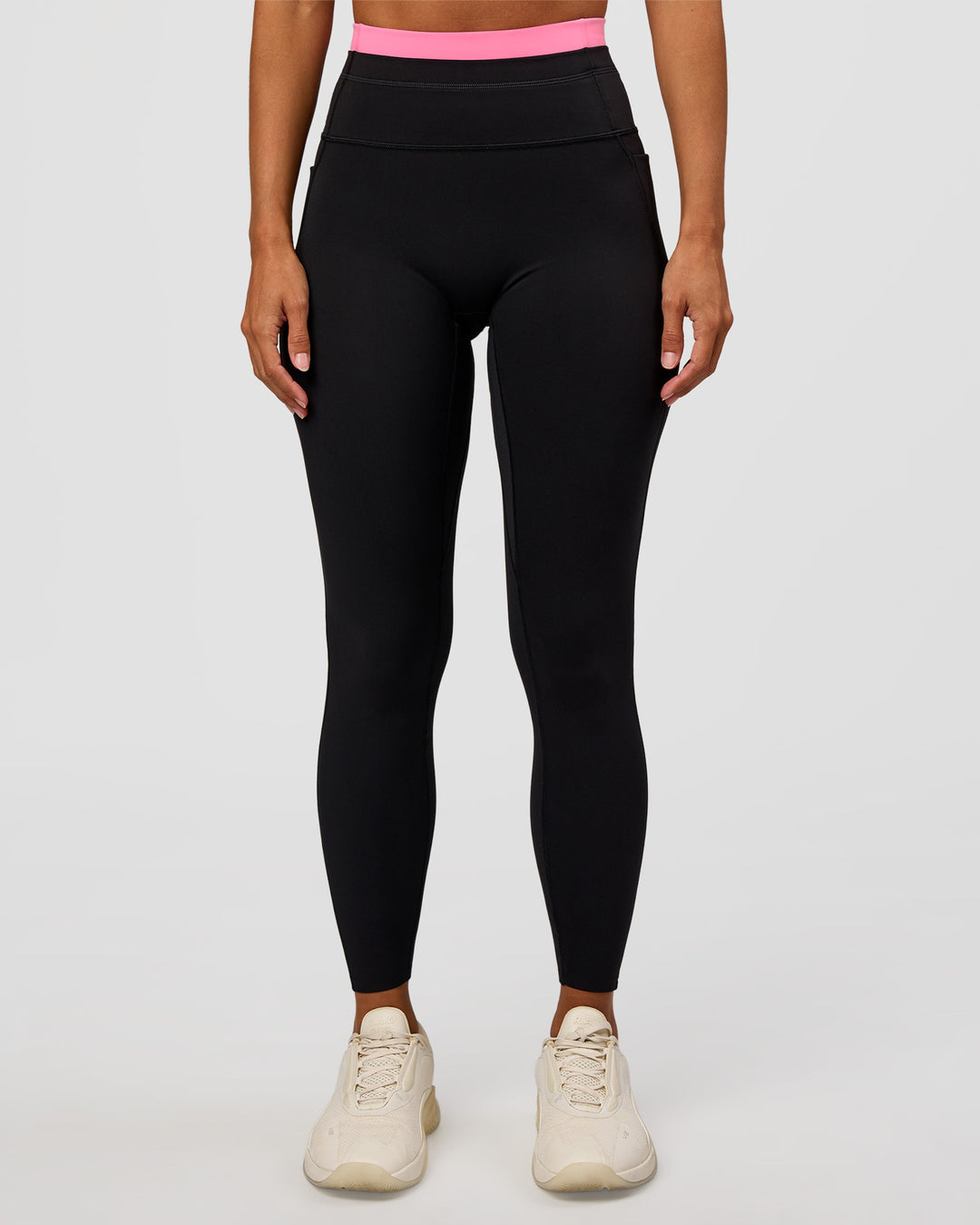 Woman wearing Liberate High-Rise Full Length Legging Pockets - Black-Candy Pink | Model:Brylee | Size:XS - view 7