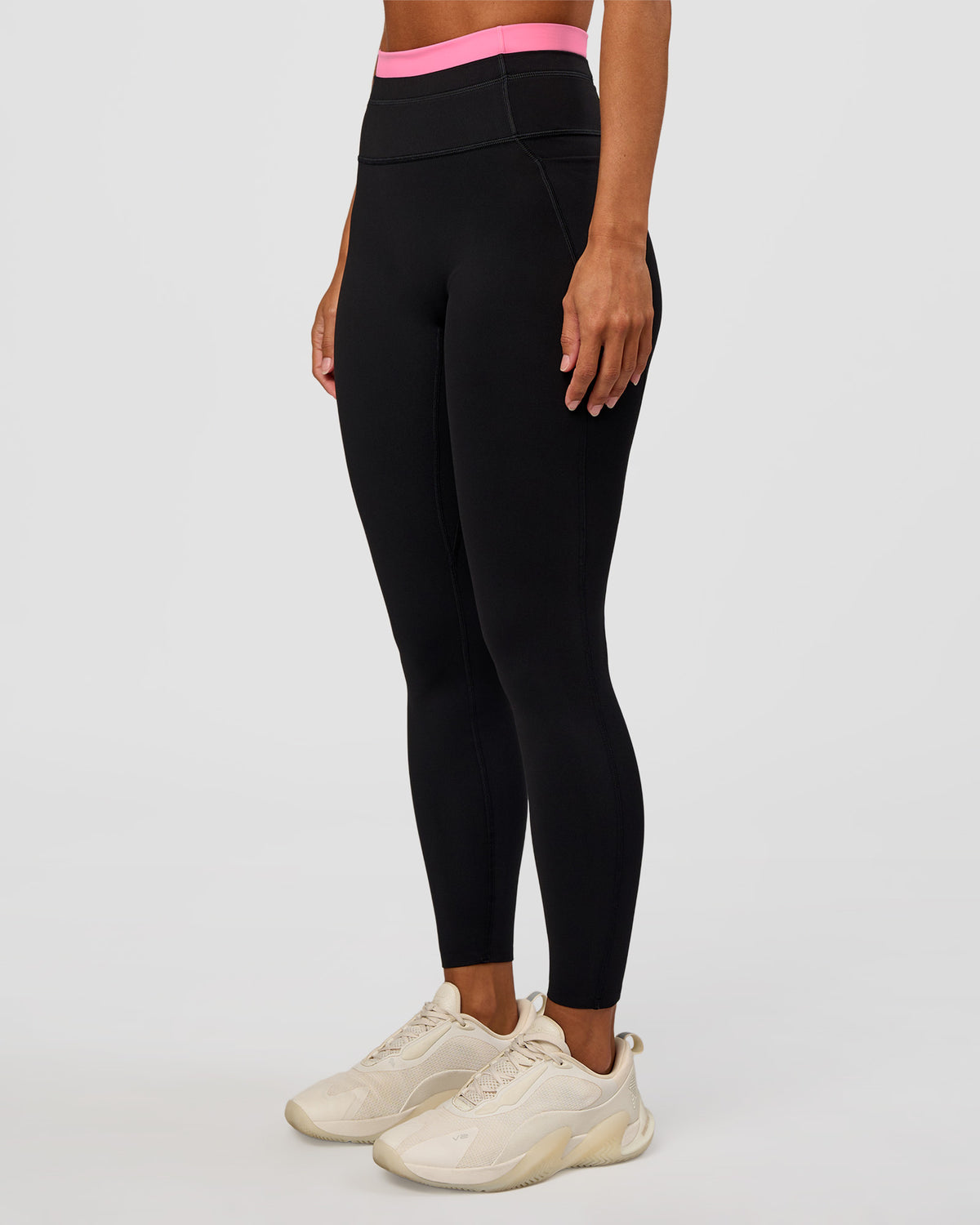 Woman wearing Liberate High-Rise Full Length Legging Pockets - Black-Candy Pink | Model:Brylee | Size:XS