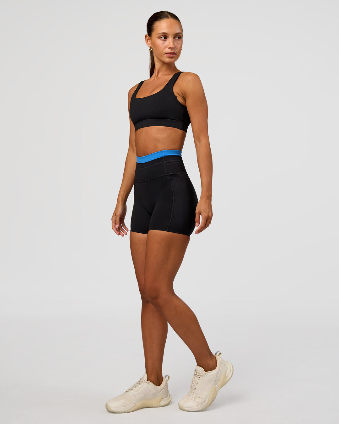 Woman wearing Liberate High-Rise 4" Short Pockets - Black-Palace Blue | Model:Brylee | Size:XS - view 4