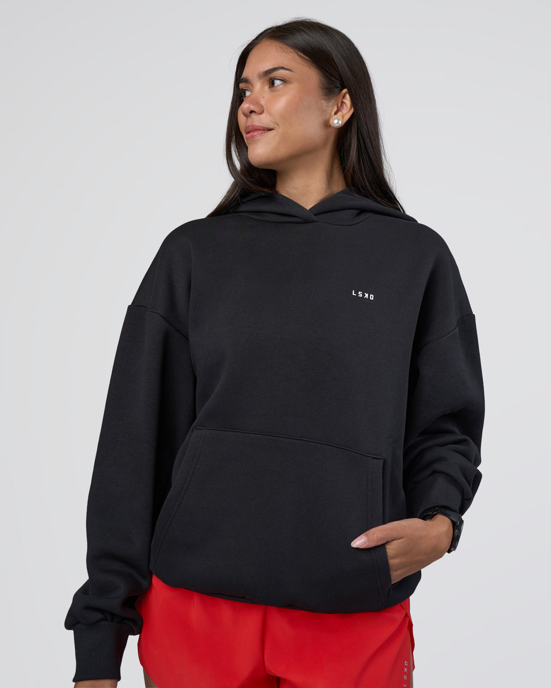 Woman wearing Lifting Unisex Oversized Hoodie - Black-Flame| Model:Rhiley | Size:XS - view 5