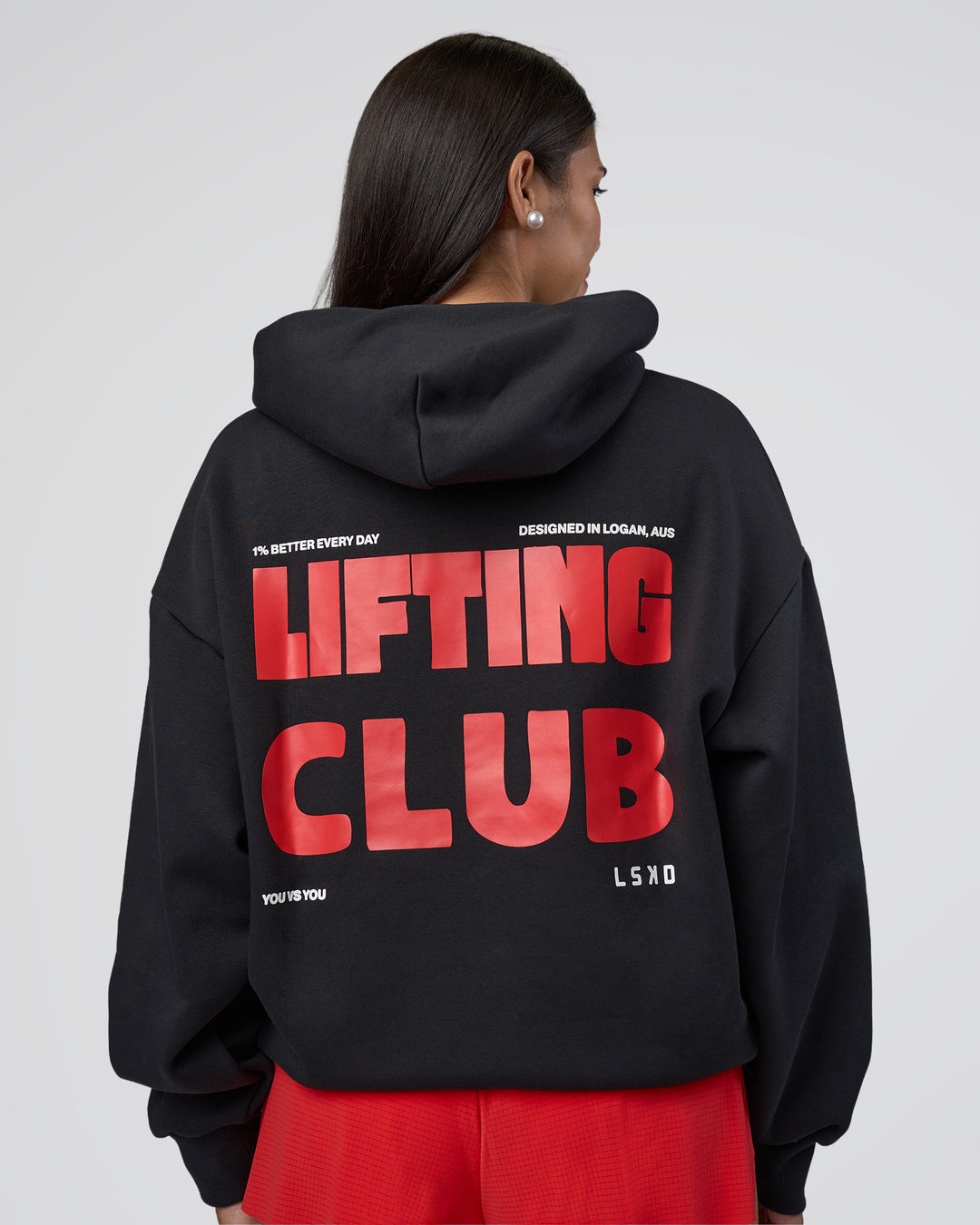 Woman wearing Lifting Unisex Oversized Hoodie - Black-Flame| Model:Rhiley | Size:XS - view 4