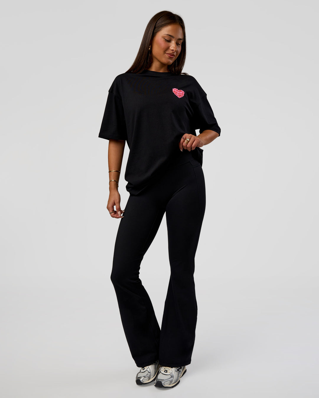 Woman wearing Love the Journey FLXCotton Oversized Tee - Black-Flame | Model:Bianca | Size:XS - view 8