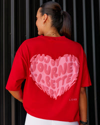 Woman wearing Love the Journey FLXCotton Oversized Tee - Flame-Candy Pink | Model:Shae | Size:XS | Thumbnail Index: 1