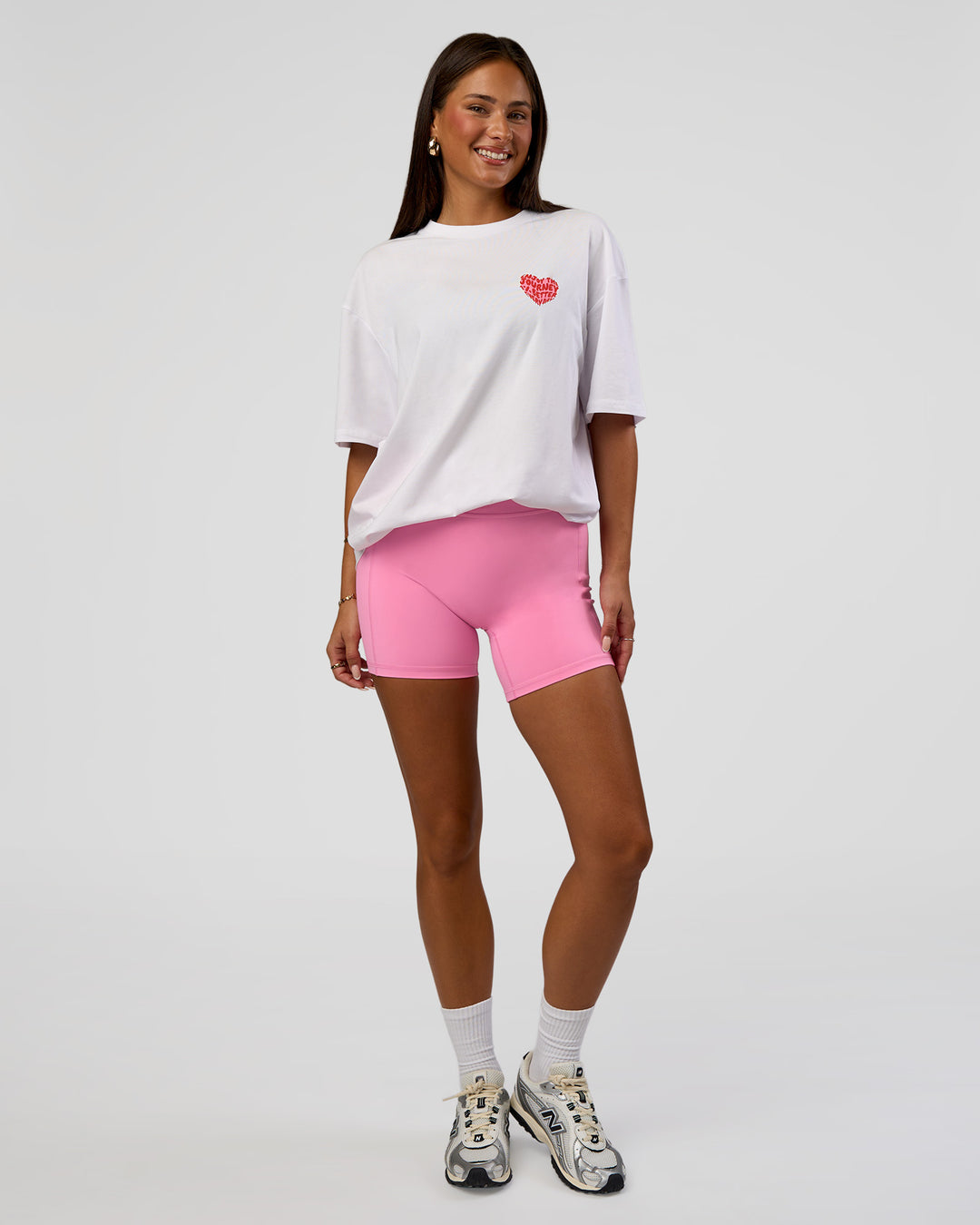 Woman wearing Love the Journey FLXCotton Oversized Tee - White-Candy Pink | Model:Bianca | Size:XS - view 14