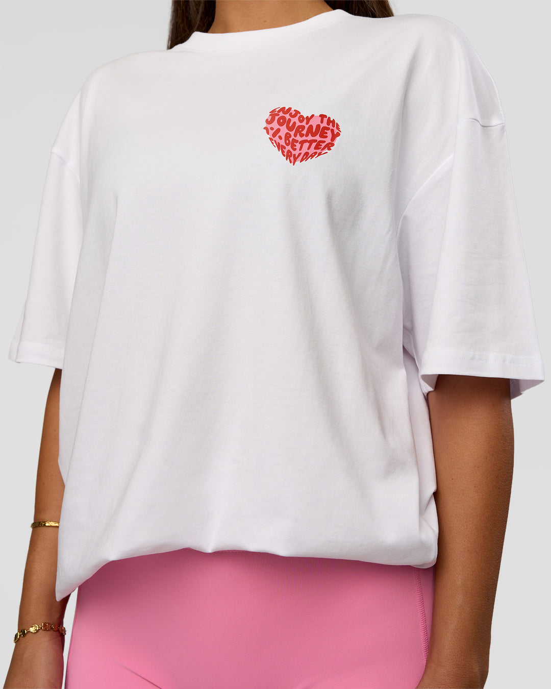 Woman wearing Love the Journey FLXCotton Oversized Tee - White-Candy Pink | Model:Bianca | Size:XS - view 12