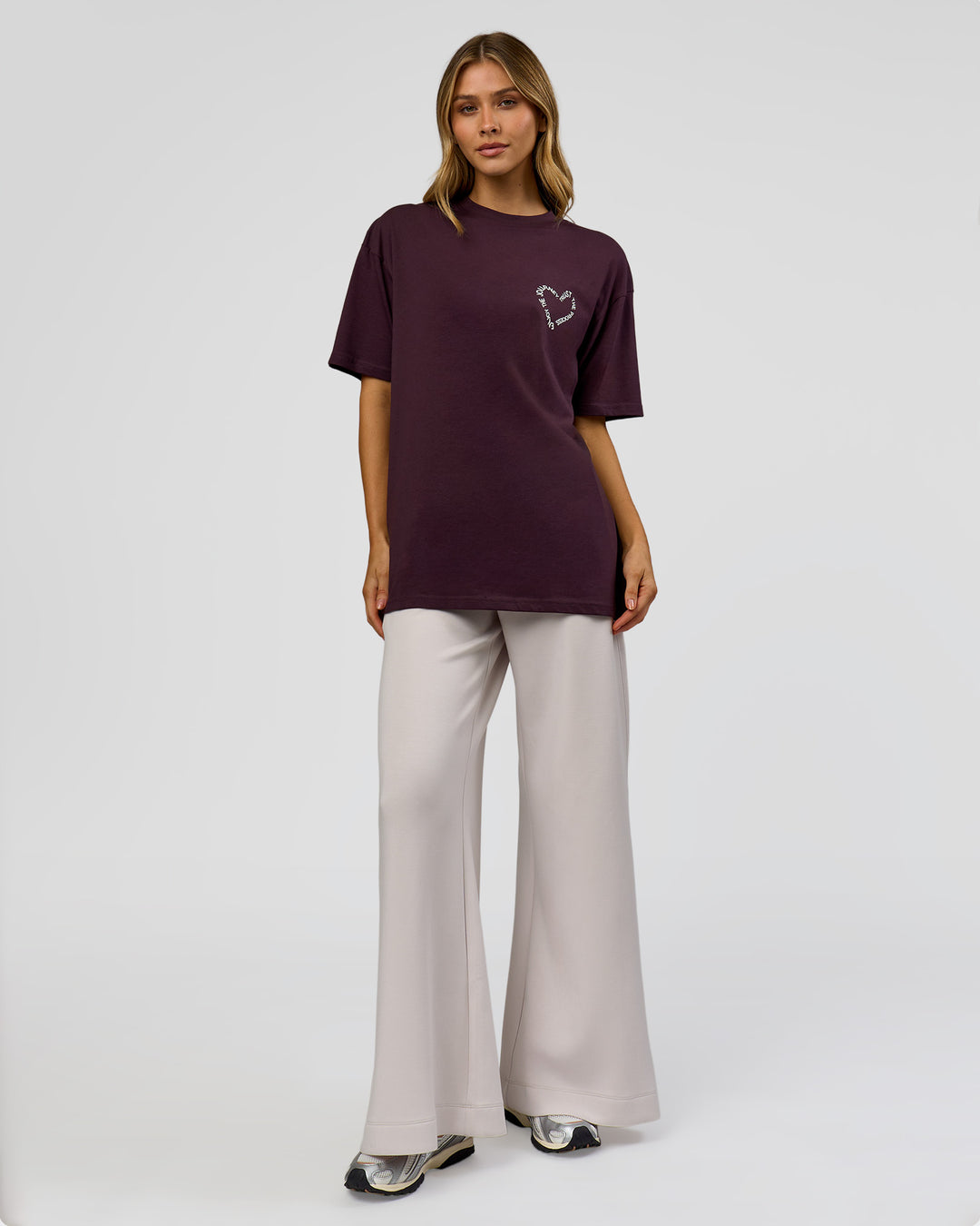 Woman wearing Love The Process FLXCotton Oversize Tee - Midnight Plum-White | Model:Leilani | Size:XS - view 6