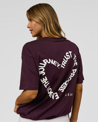 Woman wearing Love The Process FLXCotton Oversize Tee - Midnight Plum-White | Model:Leilani | Size:XS | Thumbnail Index: 1
