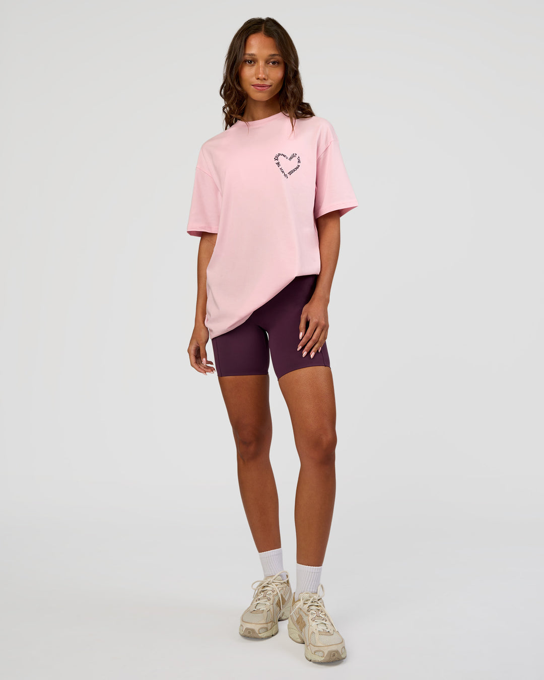 Woman wearing Love The Process FLXCotton Oversize Tee - Marshmallow-Midnight Plum | Model:Dakota | Size:XS - view 7