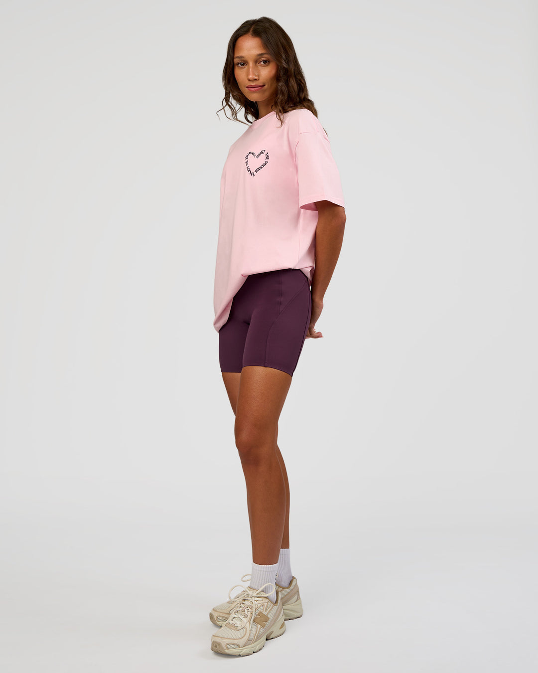 Woman wearing Love The Process FLXCotton Oversize Tee - Marshmallow-Midnight Plum | Model:Dakota | Size:XS - view 11