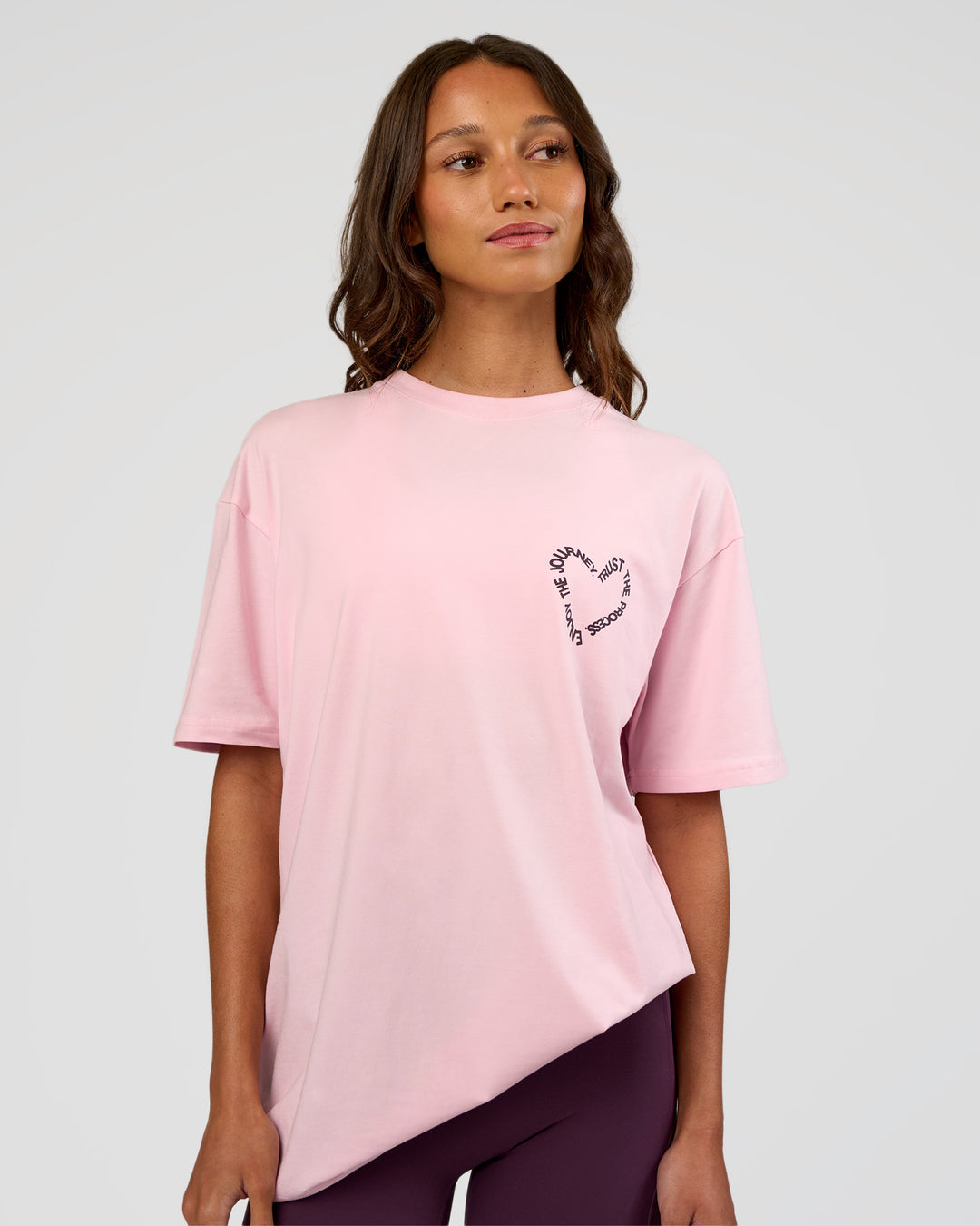Woman wearing Love The Process FLXCotton Oversize Tee - Marshmallow-Midnight Plum | Model:Dakota | Size:XS - view 4