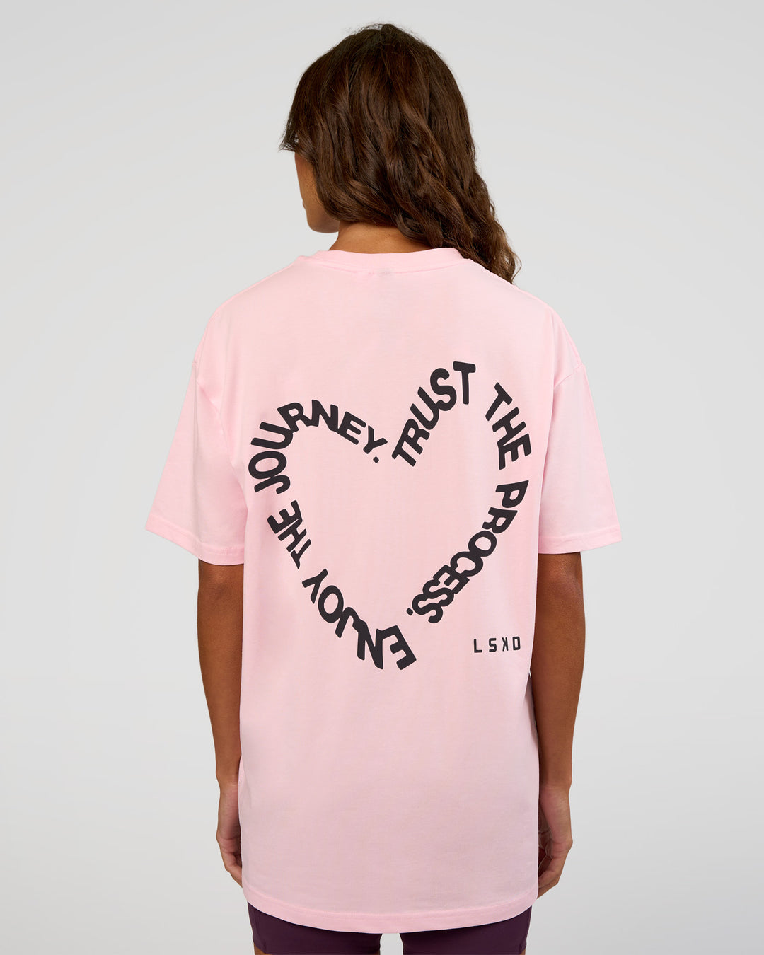 Woman wearing Love The Process FLXCotton Oversize Tee - Marshmallow-Midnight Plum | Model:Dakota | Size:XS - view 5