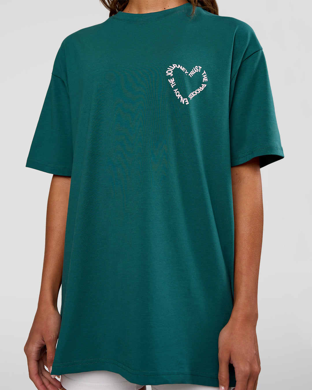 Woman wearing Love The Process FLXCotton Oversize Tee - Transformative Teal-Marshmallow | Model:Dakota | Size:XS - view 10