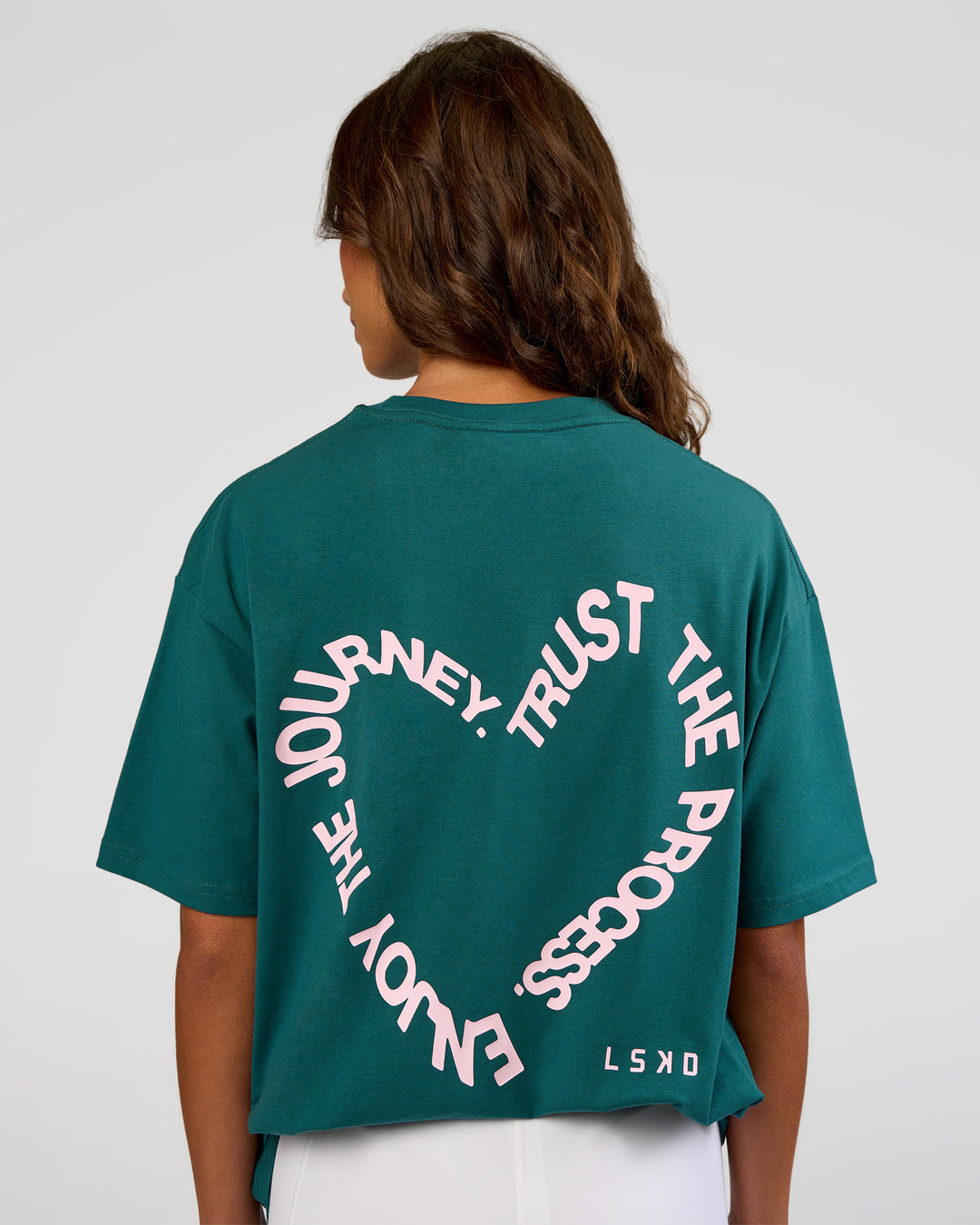 Woman wearing Love The Process FLXCotton Oversize Tee - Transformative Teal-Marshmallow | Model:Dakota | Size:XS - view 4