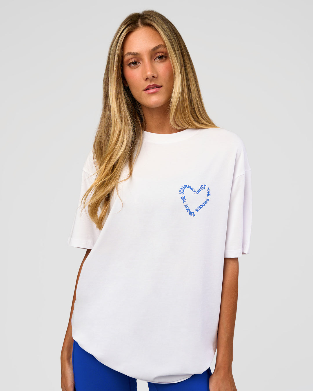 Woman wearing Love The Process FLXCotton Oversize Tee - White-Electric Indigo | Model:Georgia | Size:XS - view 5