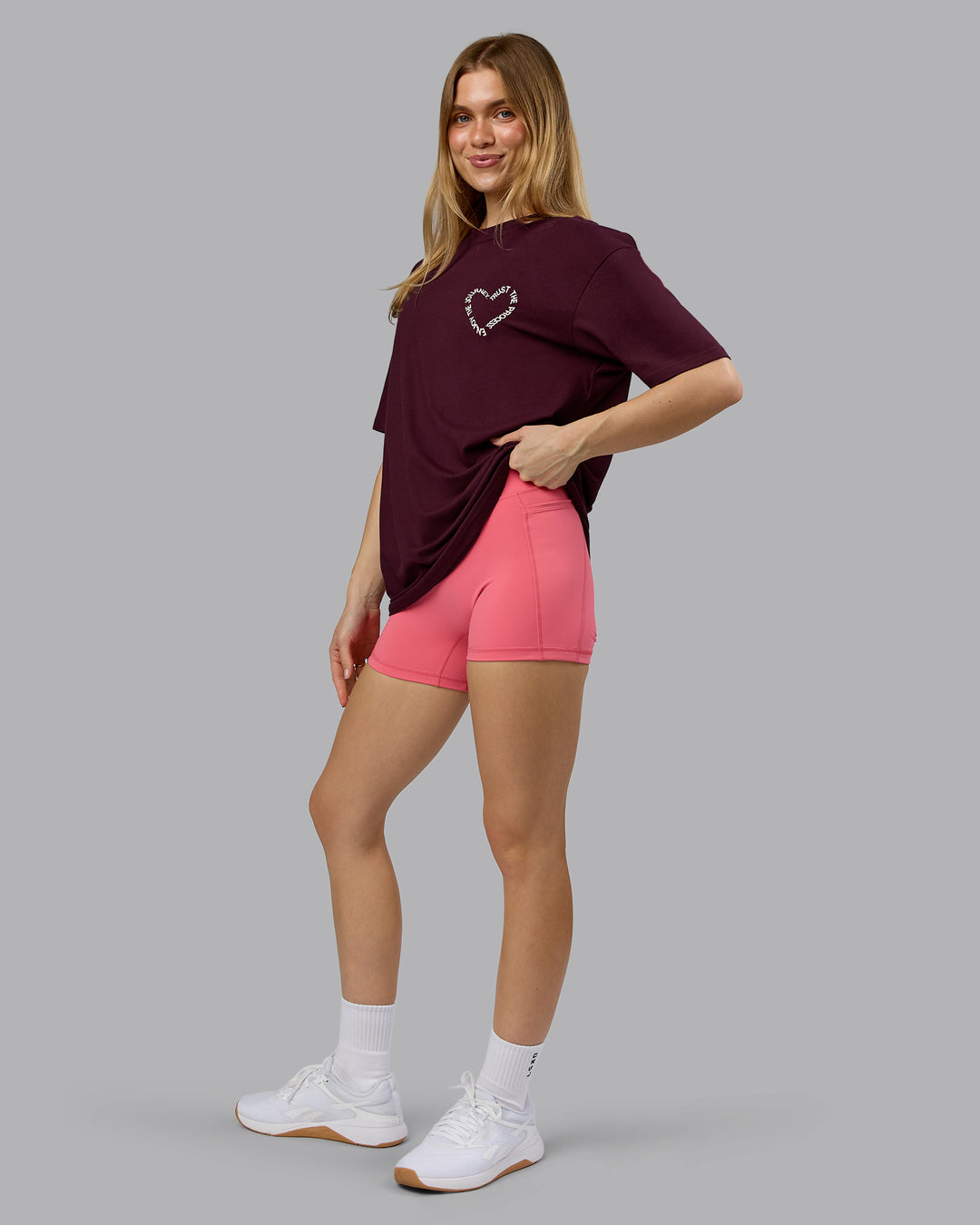 Woman wearing Love The Process FLXCotton Oversize Tee - Cherry Lacquer-Shale Beige | Model:Emilie | Size:XS - view 8